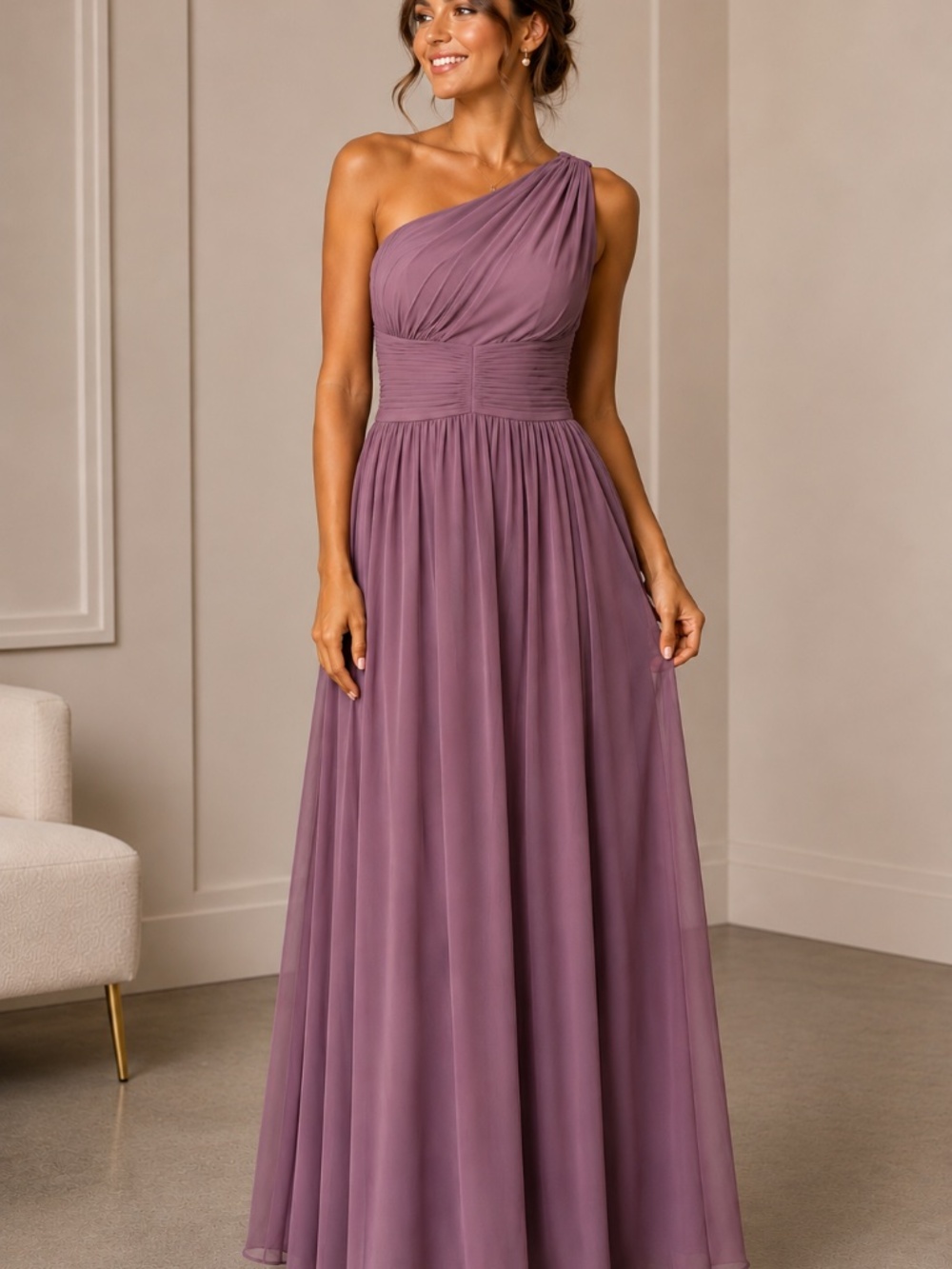 David's Bridal Celebrate DB Studio One Shoulder Mesh Bridesmaid Dress Purple 14